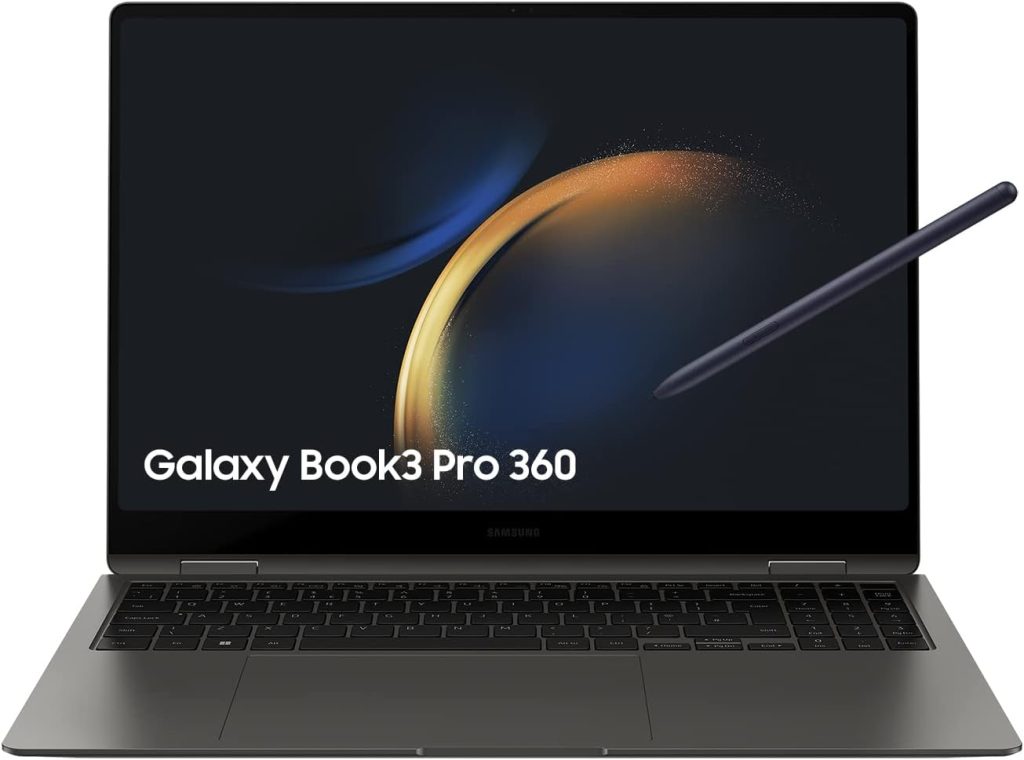 El diseño del Galaxy Book 3 Pro 360 destaca por su elegancia y resistencia, con un chasis de aleación de aluminio que lo hace sólido y duradero. 