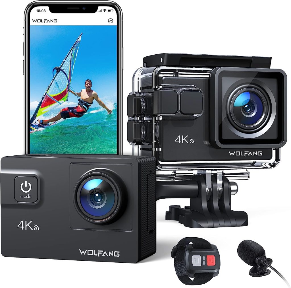 Cámara deportiva WOLFANG GA200: 4K, 24MP, doble pantalla y WiFi La cámara deportiva WOLFANG GA200 es una opción asequible y repleta de características para los entusiastas de las actividades al aire libre y los deportes extremos.