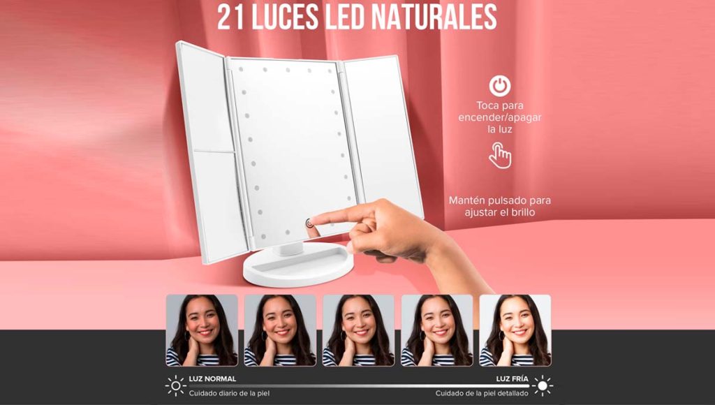 PORTENTUM Espejo de Maquillaje con luz, 21 Luces LED, Pantalla Táctil